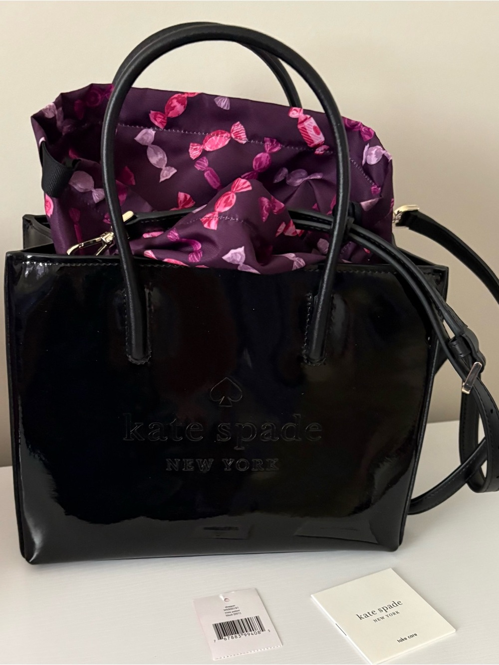 kate spade Black Patent Satchel with Purple and Pink Candy-Print drawstring